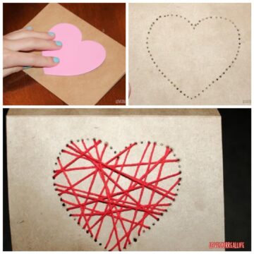 Collage of red string art heart card project.