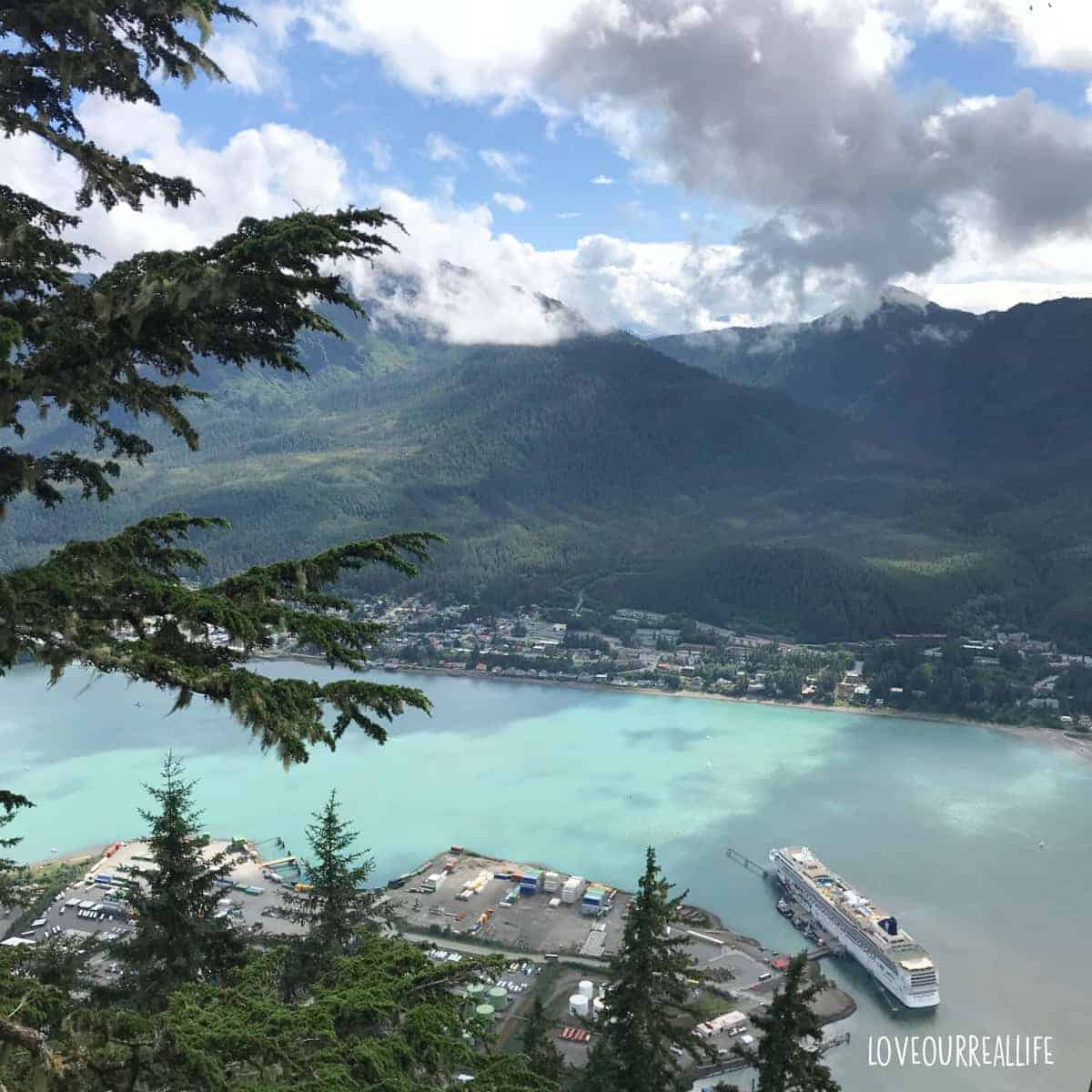 Mountain top view overlooking Alaskan cruise ship.