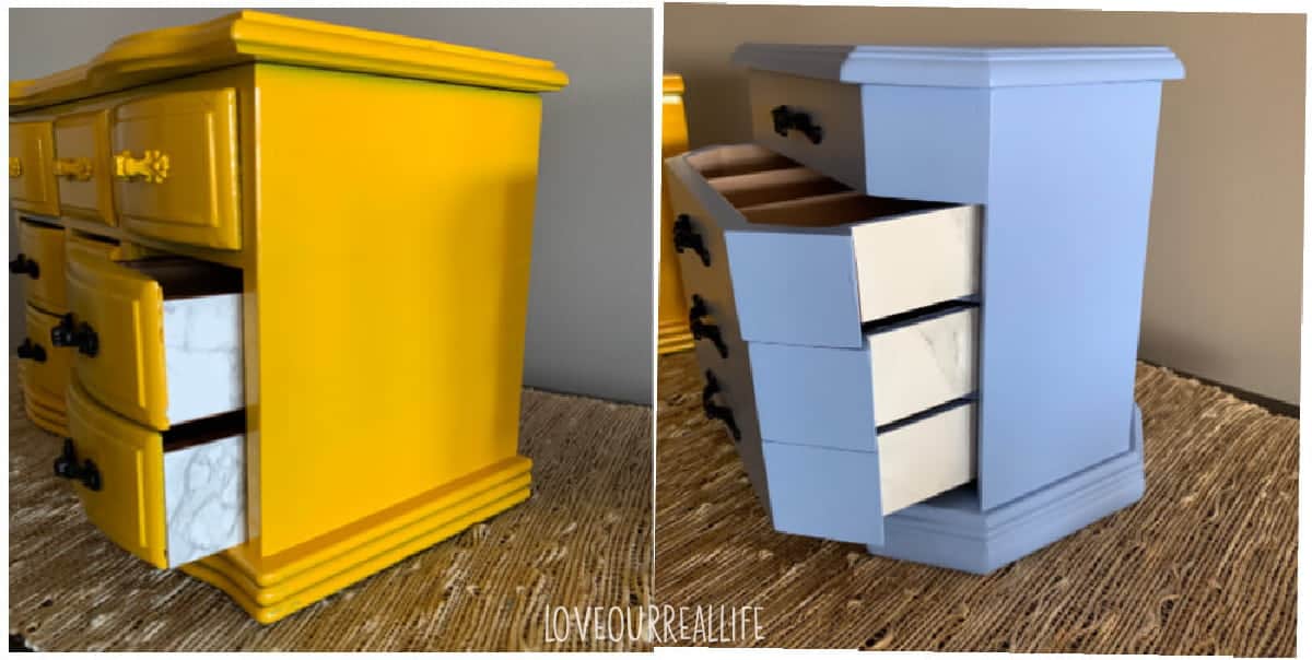 Collage of yellow and blue jewelry boxes with drawers open to show marble contact papers on drawers.