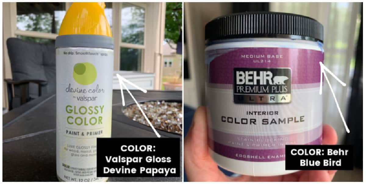 Yellow spray paint and Behr BlueBird paint with arrows pointing.