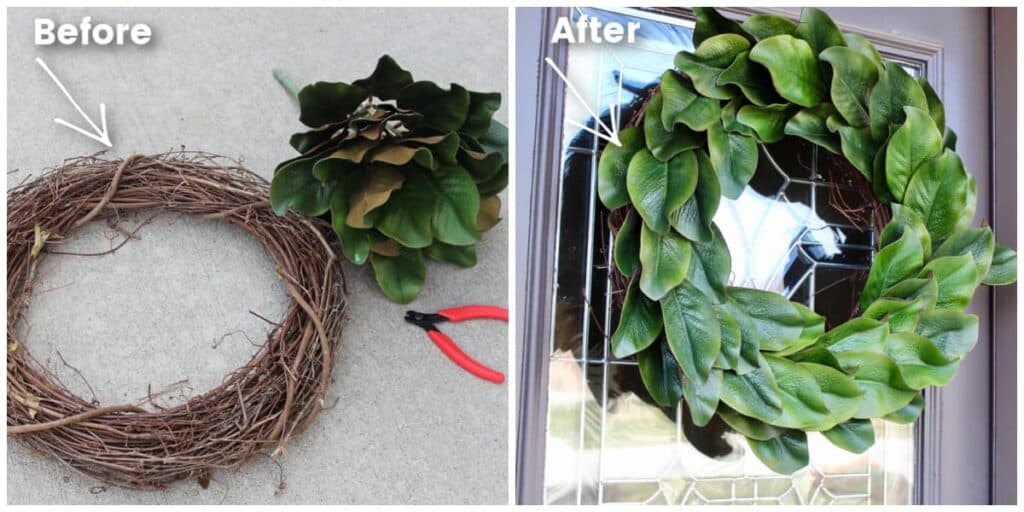 Magnolia wreath before and after.