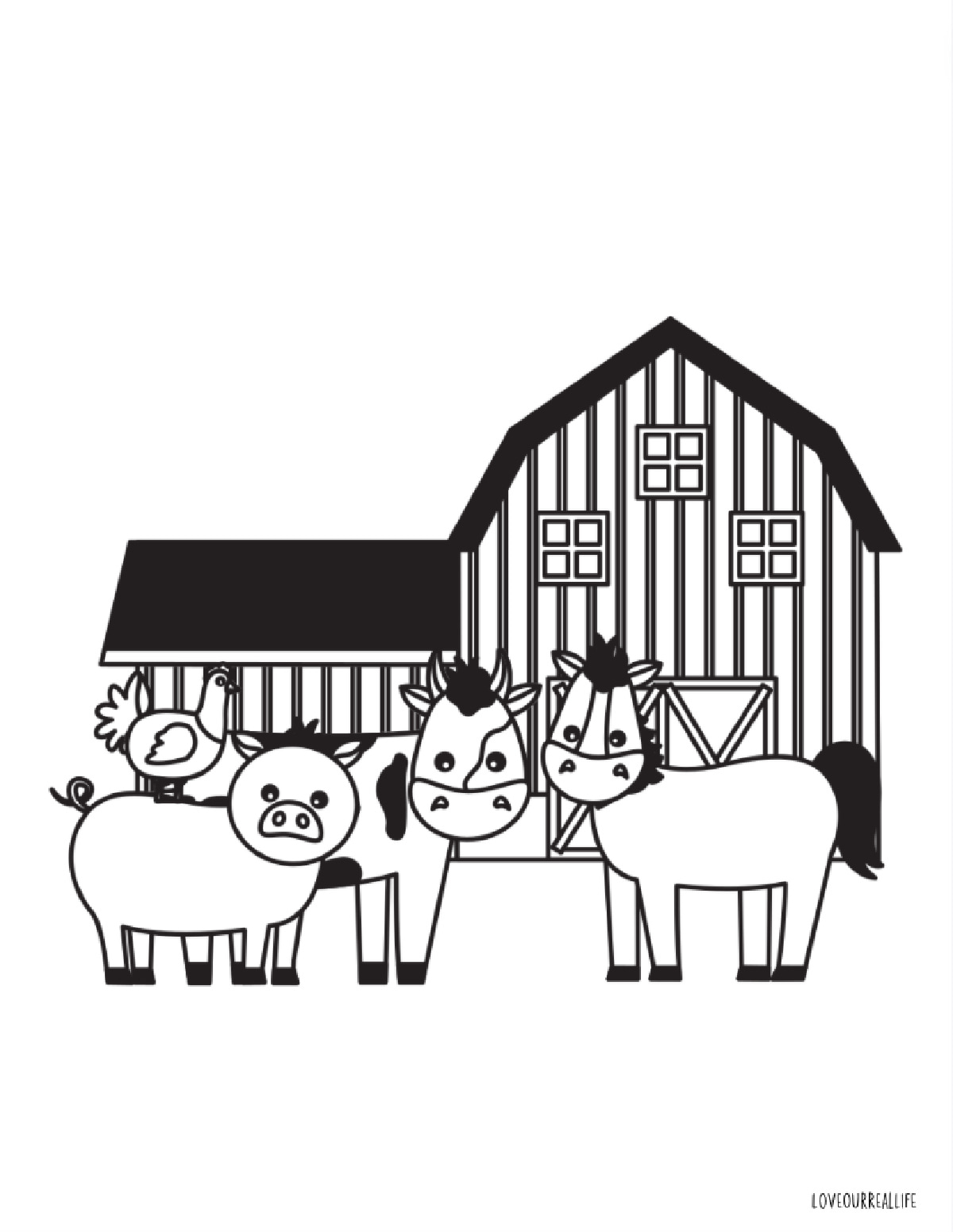 Coloring page farm barn and animals.