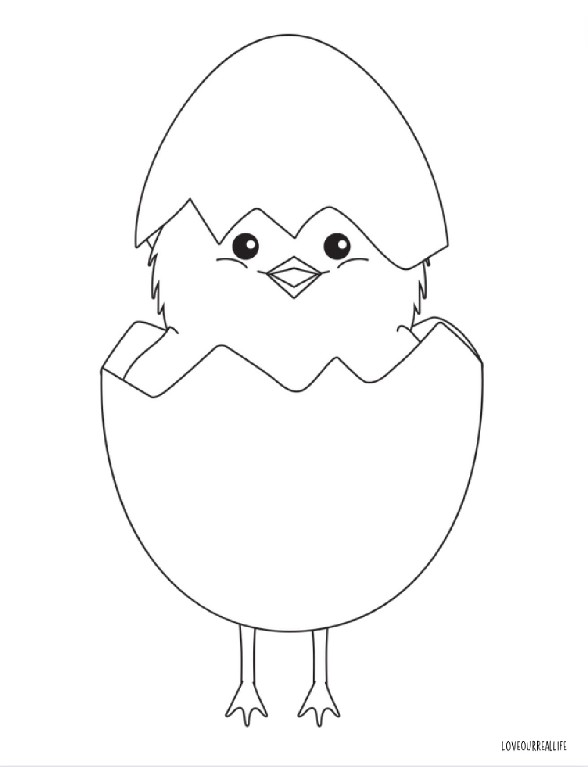 Standing chick with egg shell on head and bottom of body.