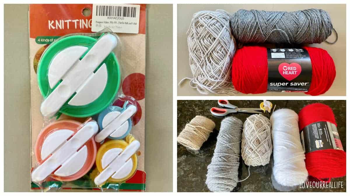 Collage of all supplies needed to make valentine's pom pom garland.