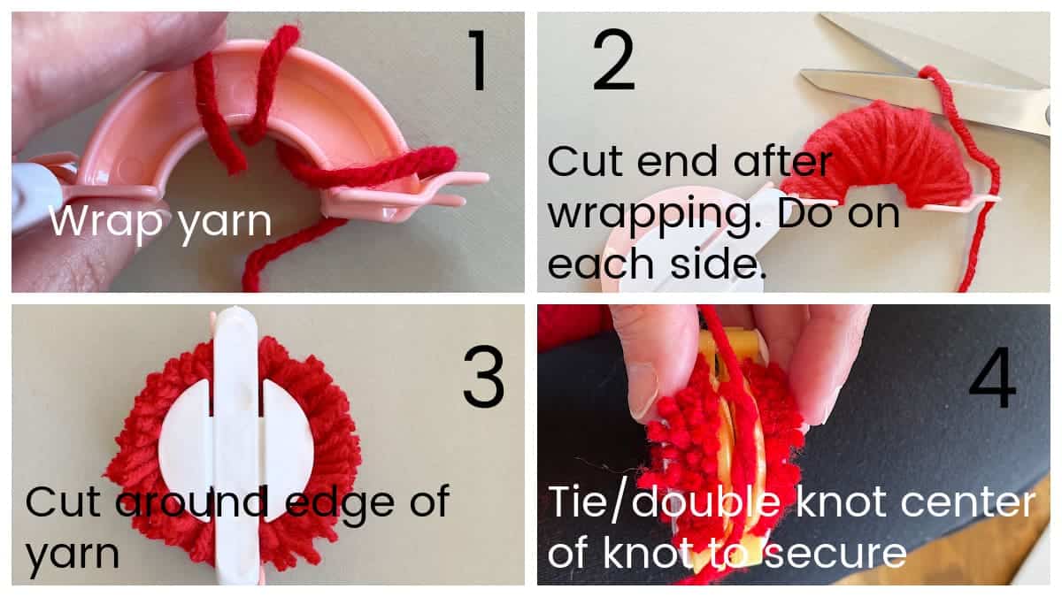 Collage with visual and written instructions to make a pom pom with pom pom maker.