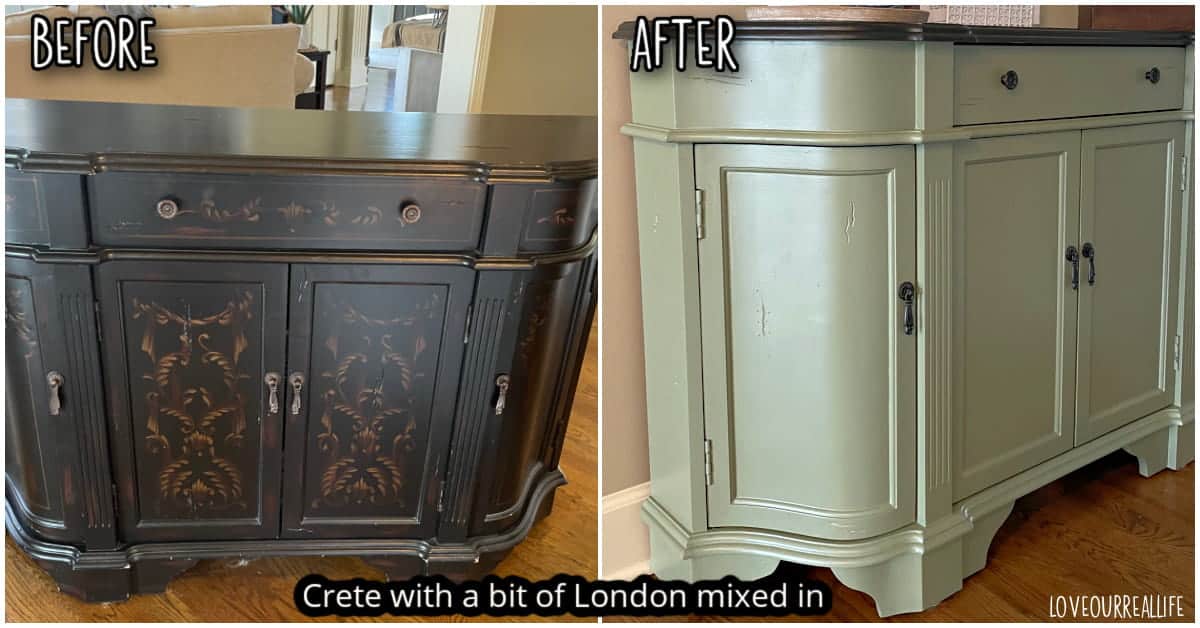 Cabinet painted with HTP Crete (green) and a bit of London mixed with it.