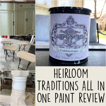 Collage of Heirloom Traditions paint projects in Crete, Cobblestone, Iron Gate, and Cashmere.