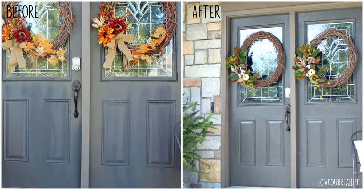 Double front doors painted in SW Black Fox and SW Urbane Bronze.