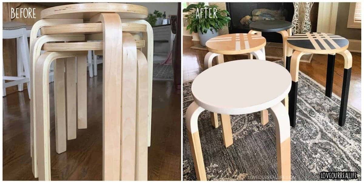 Painter's tape used on stools to make them look as though they were dipped in paint.
