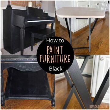 Collage of black painted furniture including piano, tv tray, side table.