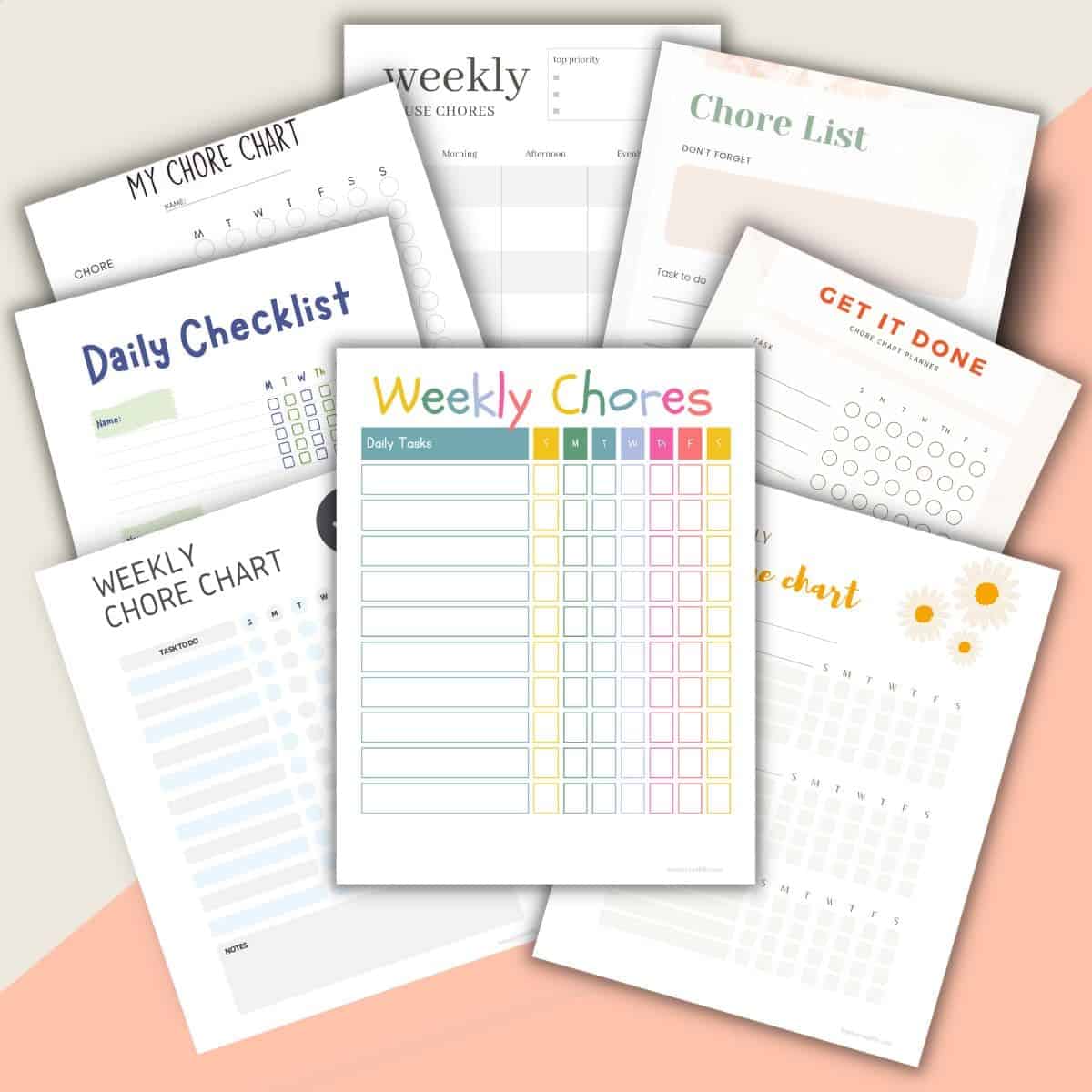 Mockup of 8 various weekly chore chart printables from LoveOurRealLife.