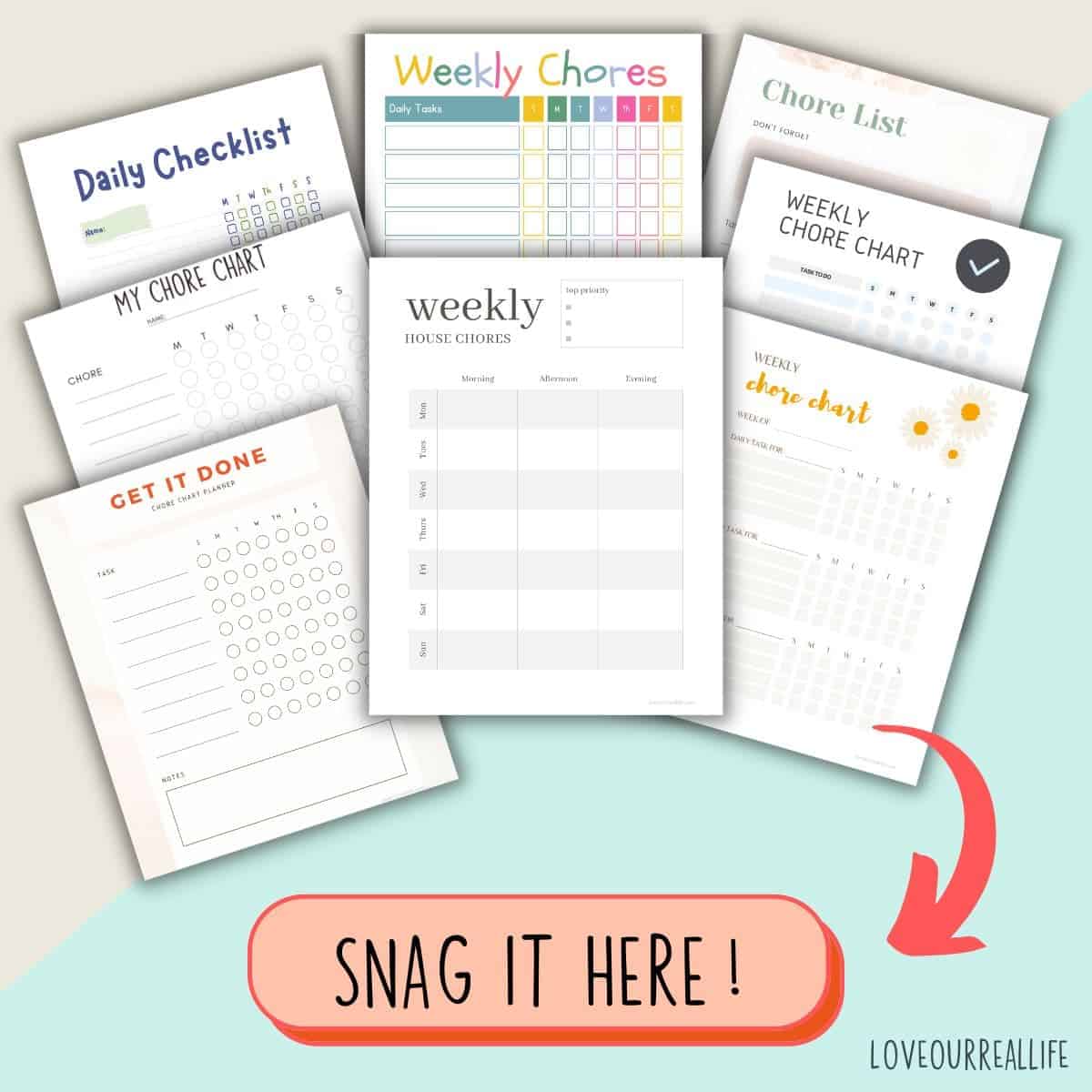 Weekly and daily chore chart printables in collage on tan and blue background.