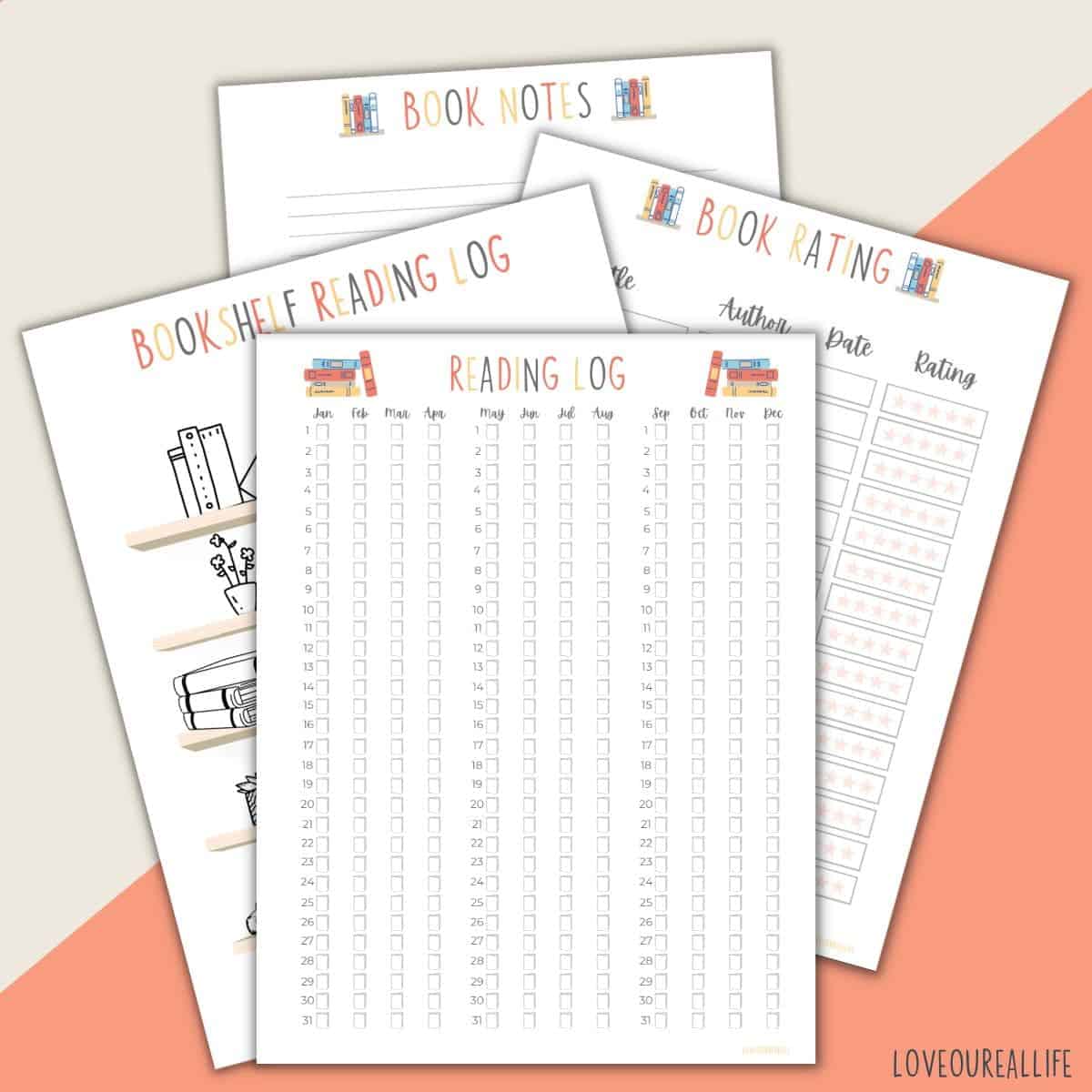 Collage of 4 different reading tracker printables.