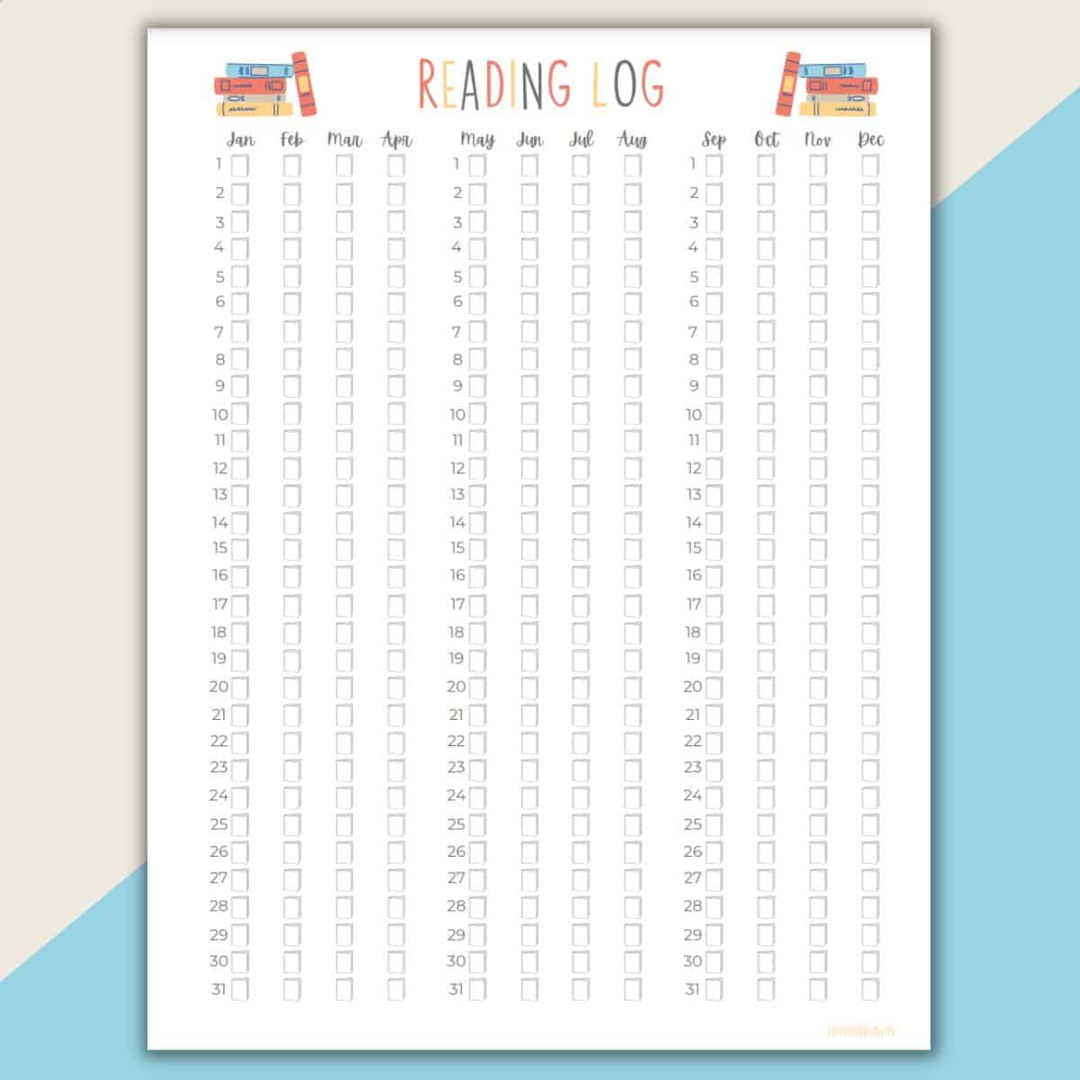 Reading log yearly book tracker printable on blue and tan background.