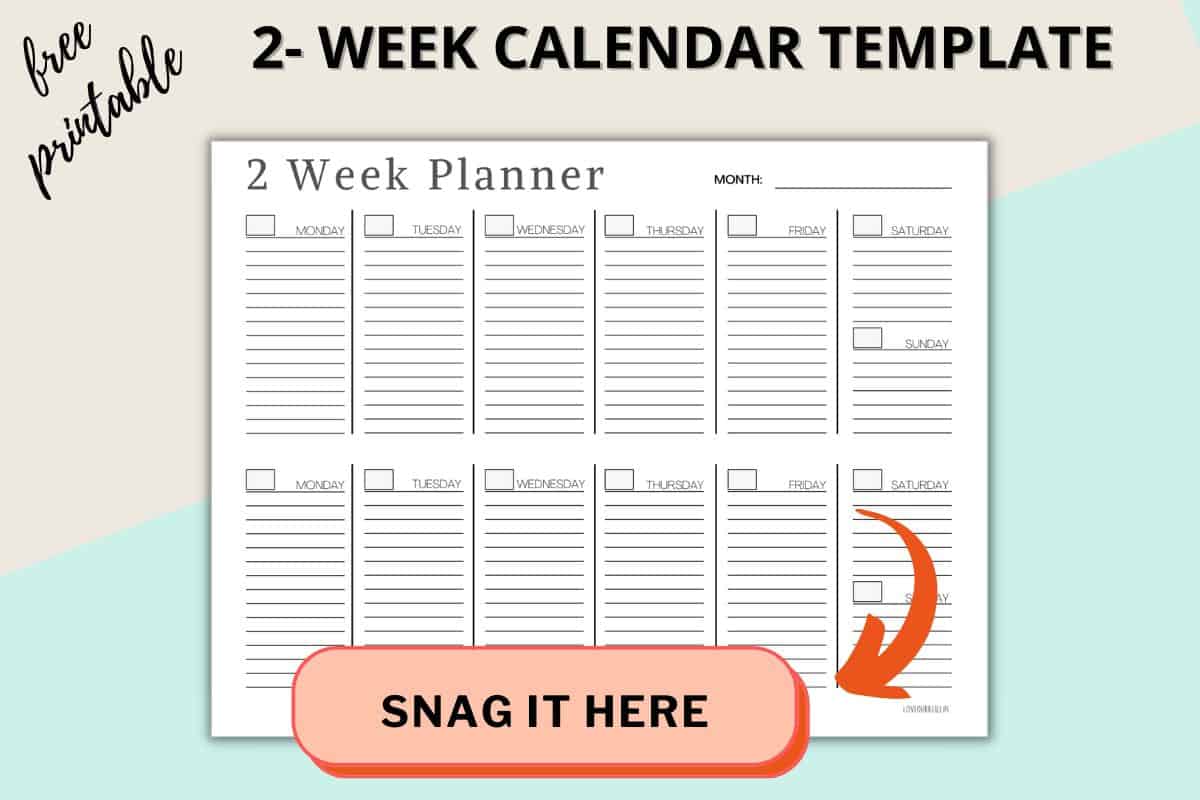 2 week planner printable on pale blue and tan backdrop.