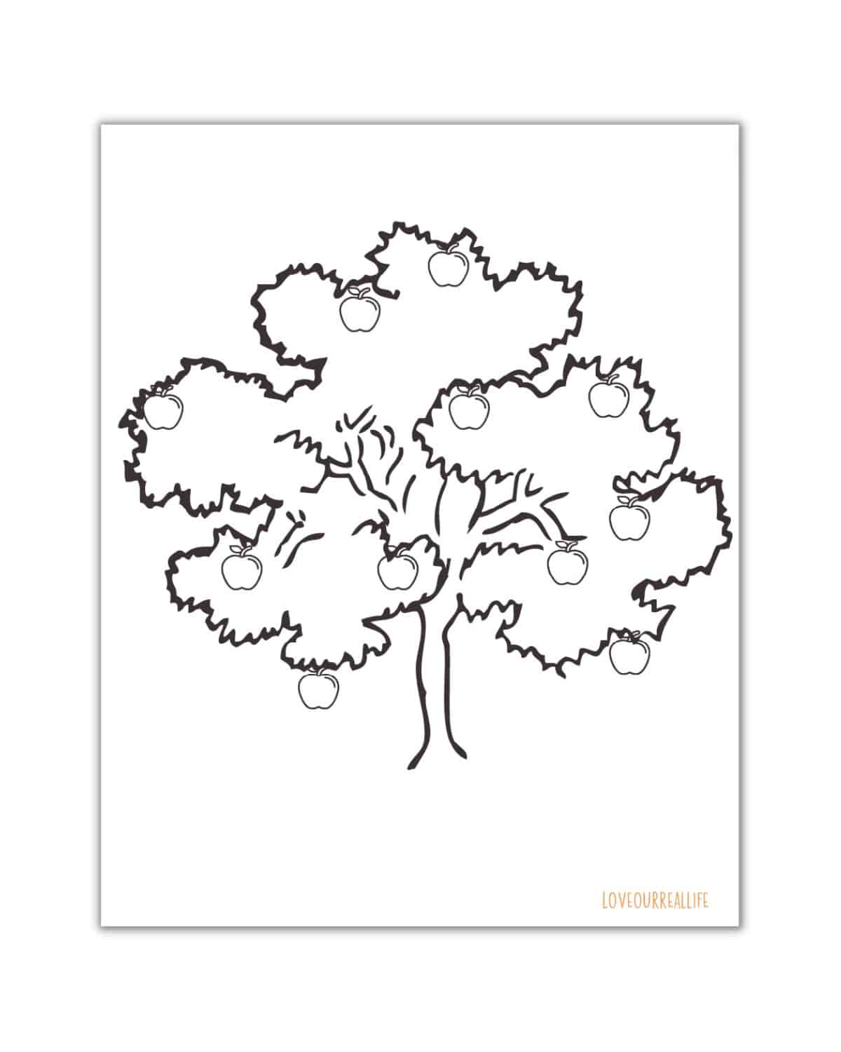 Simple black and white apple tree on white background.