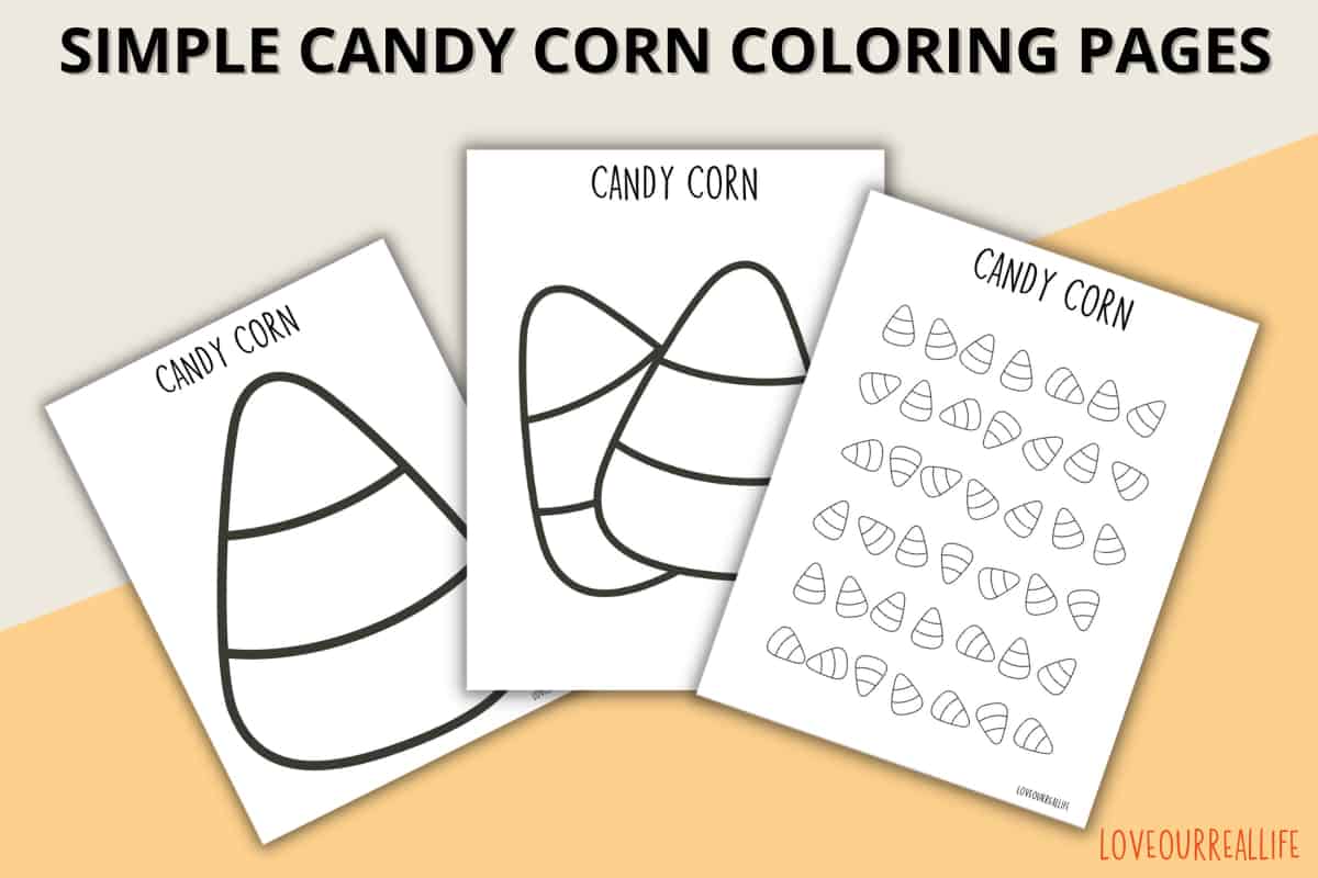 Small, medium, and large candy corn pages for coloring or stencils on yellow and tan background.