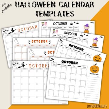 Halloween calendar templates, four different designs with Sunday and Monday start dates.