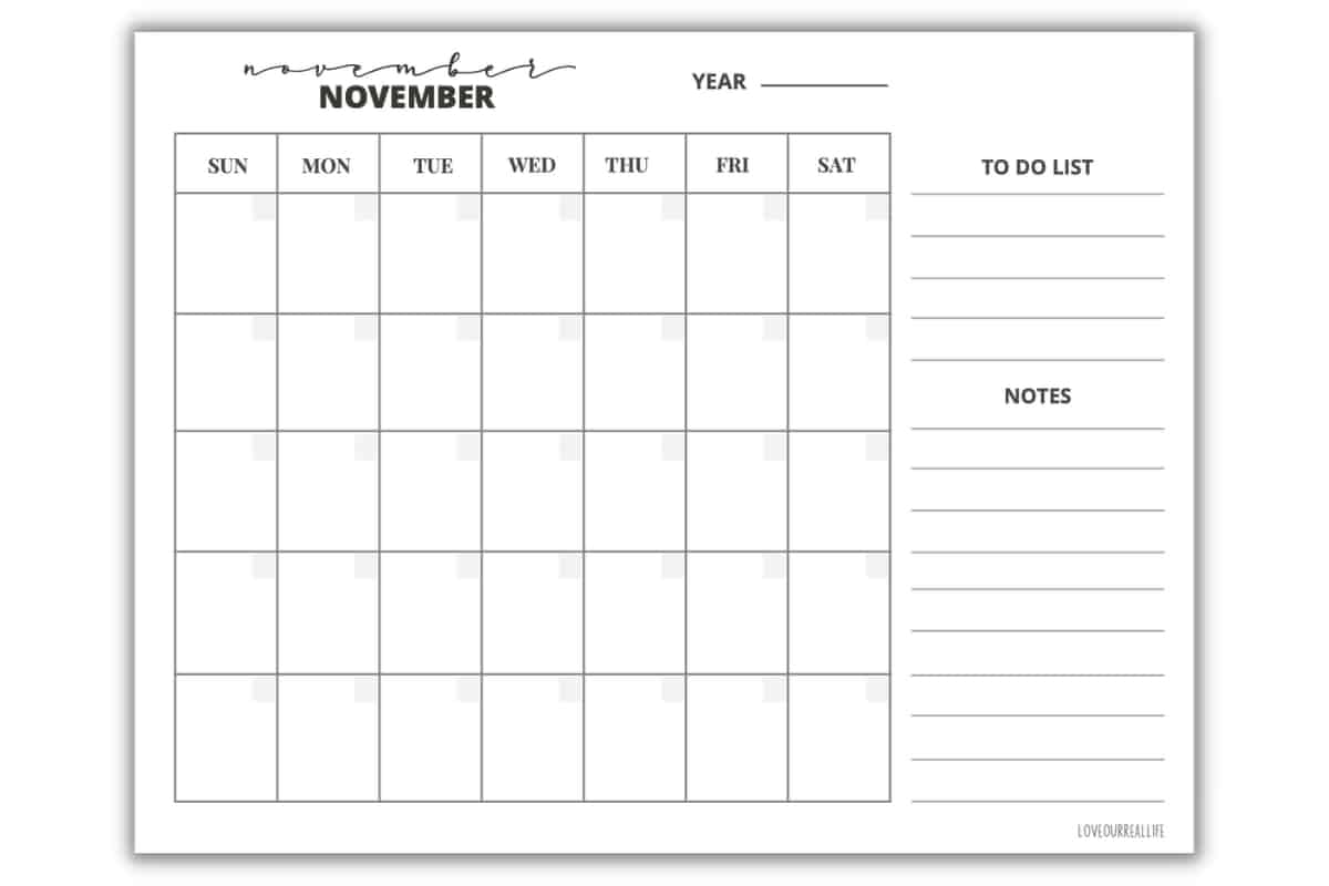Basic design of a November printable monthly calendar with to do list and notes section on right side of calendar.