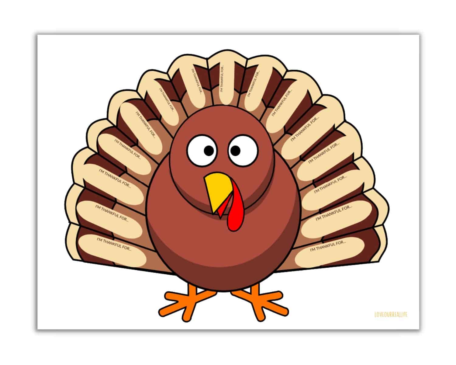 Thankful turkey cartoon character with space on each back feather to write messages of thanksgiving.