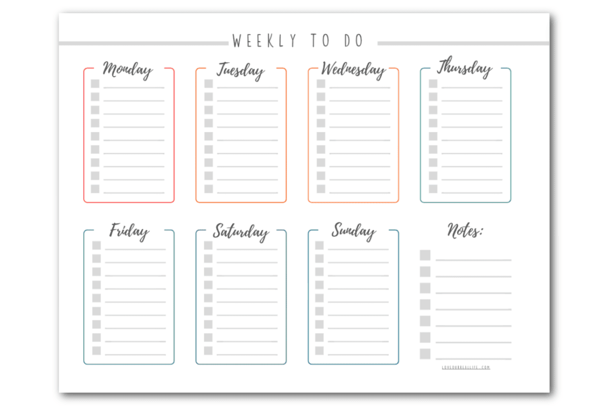 Monday start date weekly to list template printable.