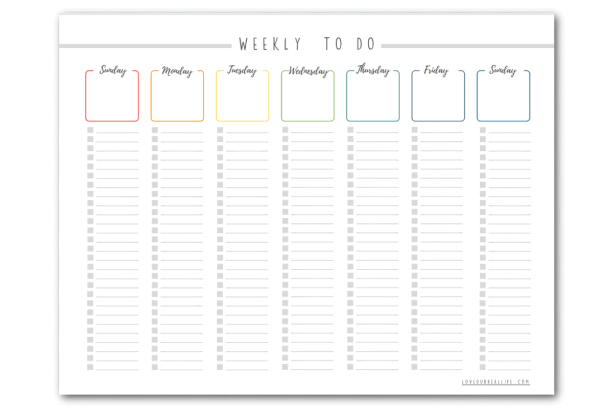 Printable weekly to do list checklist starting with Sunday.
