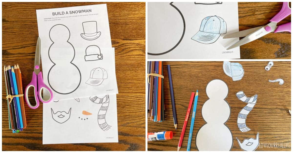 Process of creating a build-a-snowman including decorating, cutting, and gluing it together.