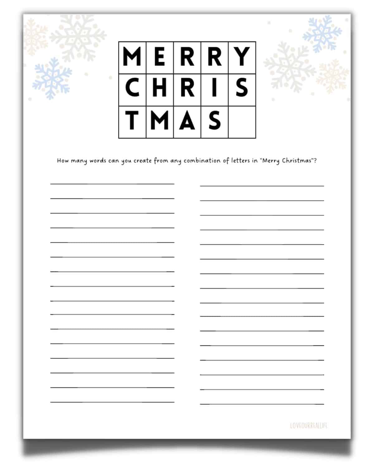 Printable of 'Merry Christmas' word game to see how many words participants can create.