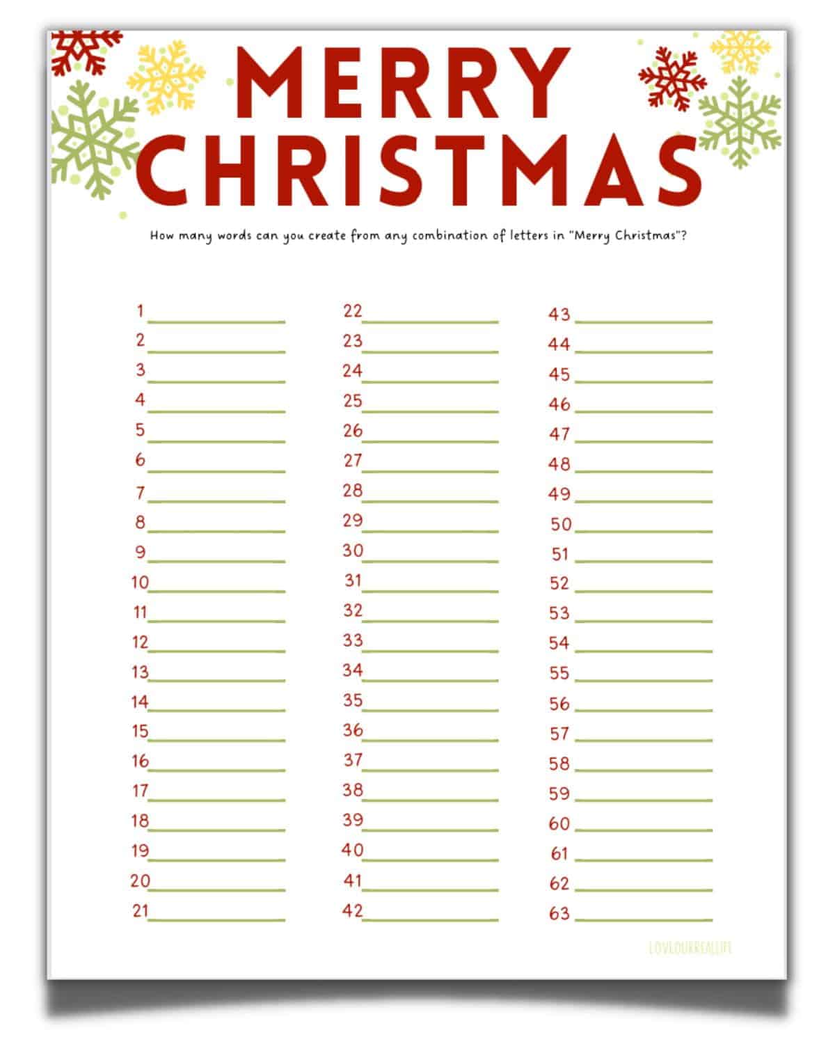 MERRY CHRISTMAS printable game for how many words can you find.
