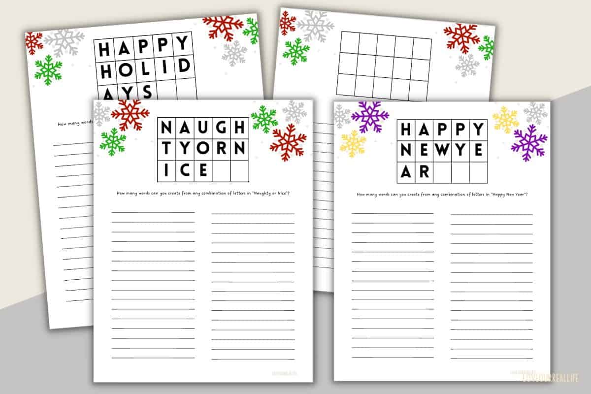 Four word game printables for 'how many words can you create' including Happy holidays, happy new year, naughty or nice, and a blank worksheet.