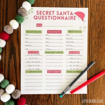 Printable questionnaire for Secret Santa participants to write favorite things.