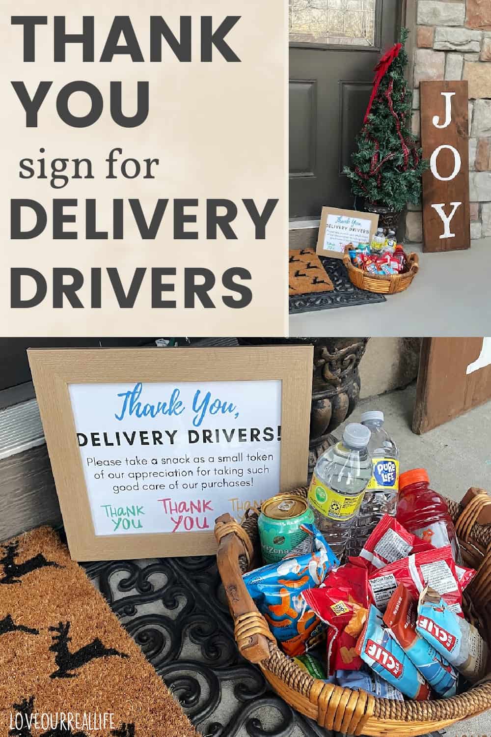 Front porch with basket of treats and thank you sign for delivery drivers.