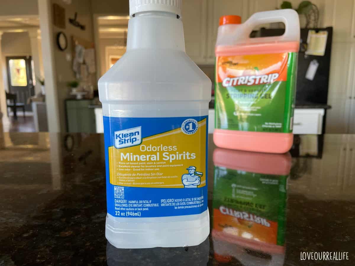 Odorless Klean Strip Mineral Spirits beside Citristrip gel.