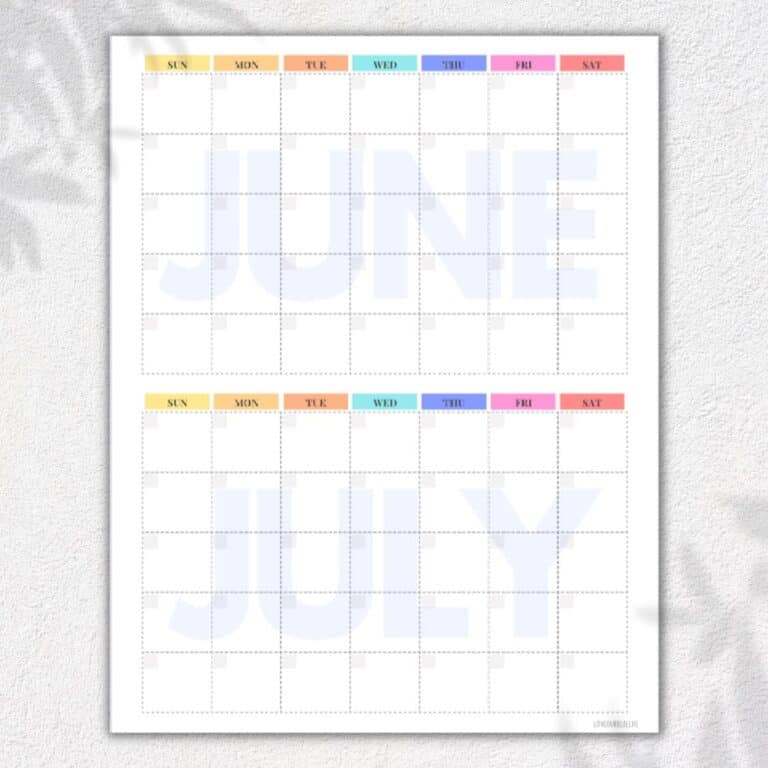Free June and July Printable Calendar- Blank Templates