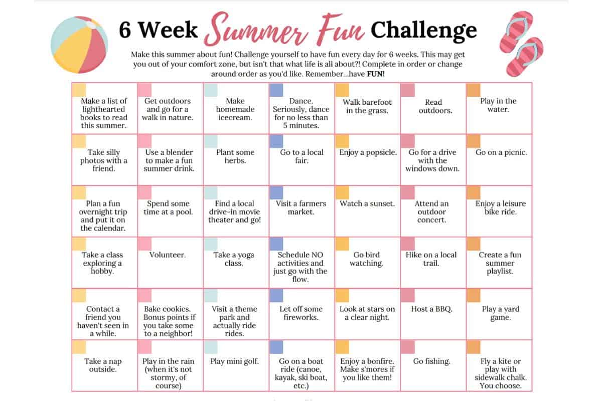 6 week summer fun challenge printable - summer calendar.