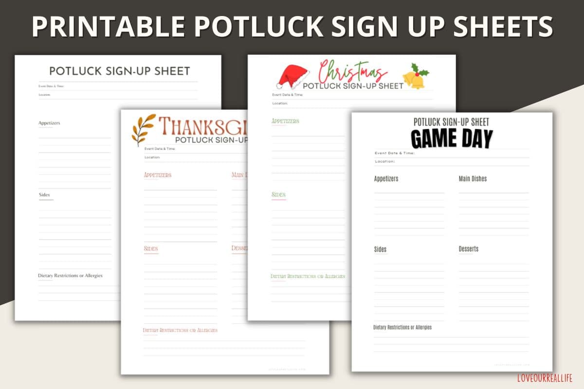 Printable potluck sign up sheets for any occasion - general sign up, Thanksgiving potluck, Christmas potluck, and game day or football game potluck.