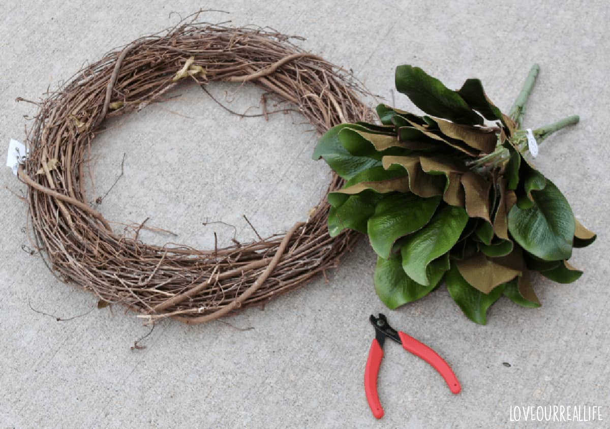 Supplies for magnolia wreath: grapevine wreath, wire cutters, magnolia flower stems.