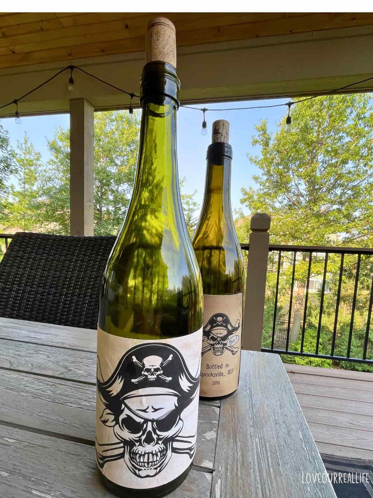 DIY skull and crossbones Halloween label on wine bottle.