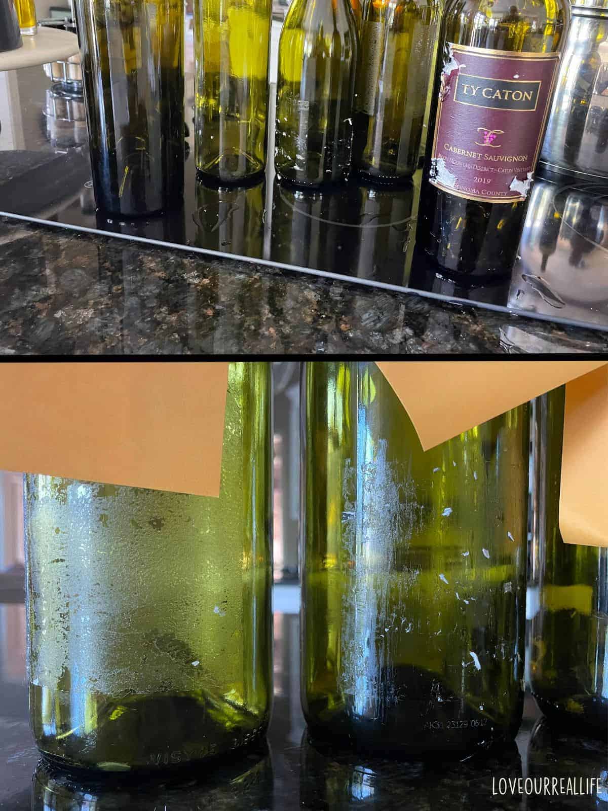 Wine bottles with labels partially removed.