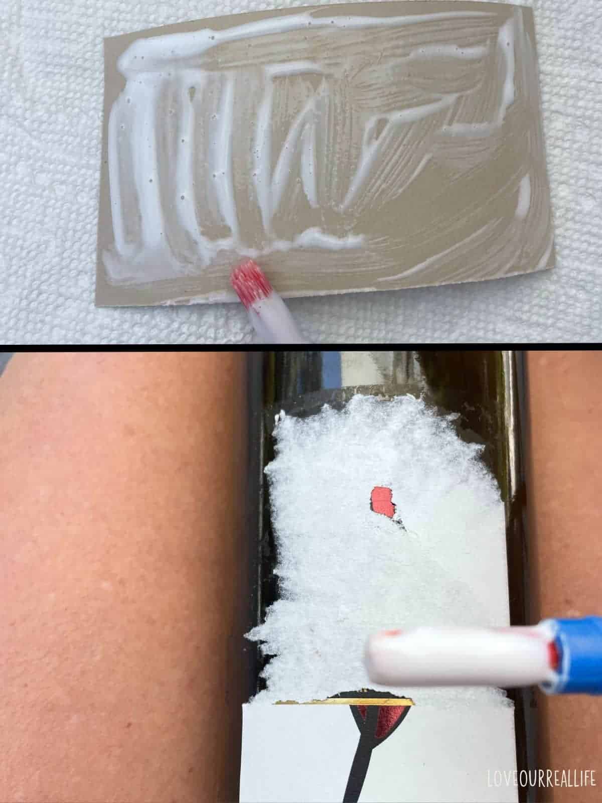 Attaching paper label to wine bottle using Mod Podge.