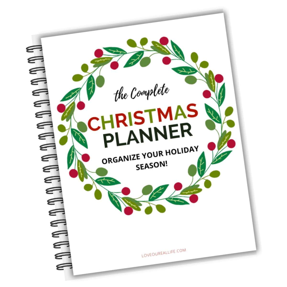 christmas planner with wreath on cover with spiral binding.