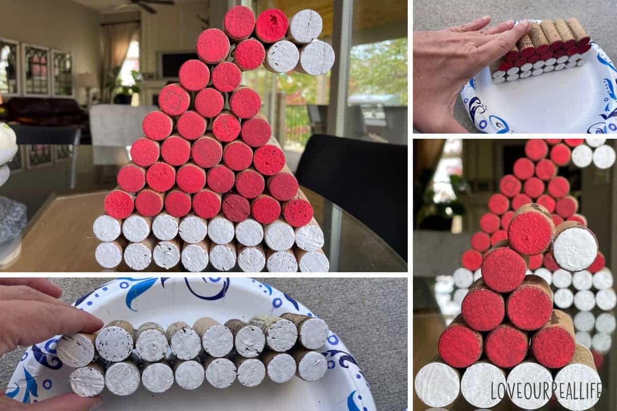 Collage of making santa hats with painted wine corks.
