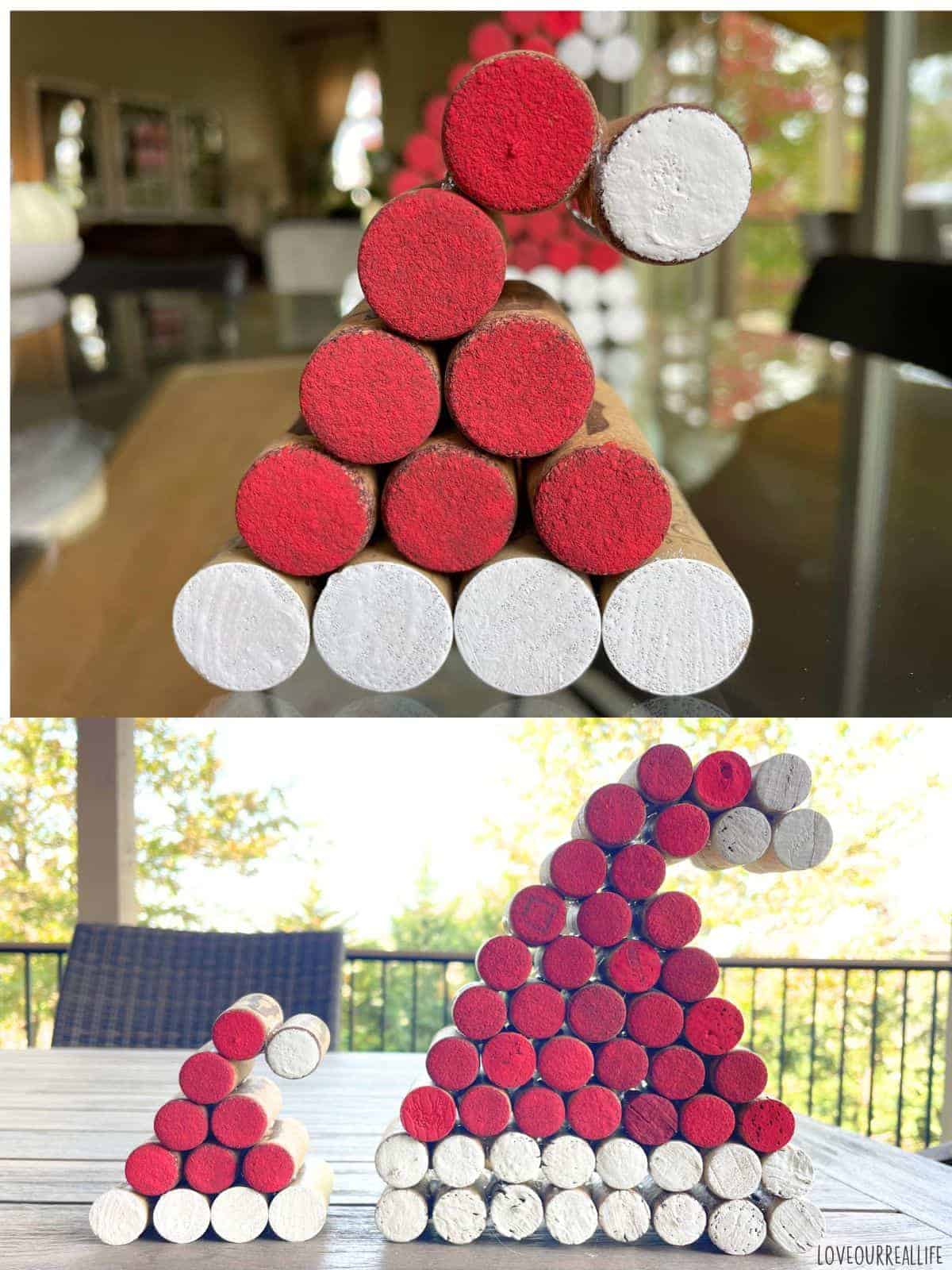Small and large wine cork santa hats.