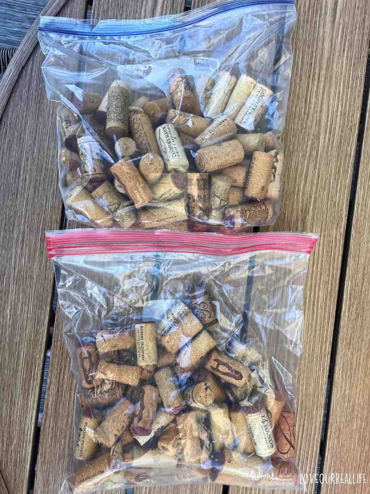 Lots of wine corks in ziploc bags.