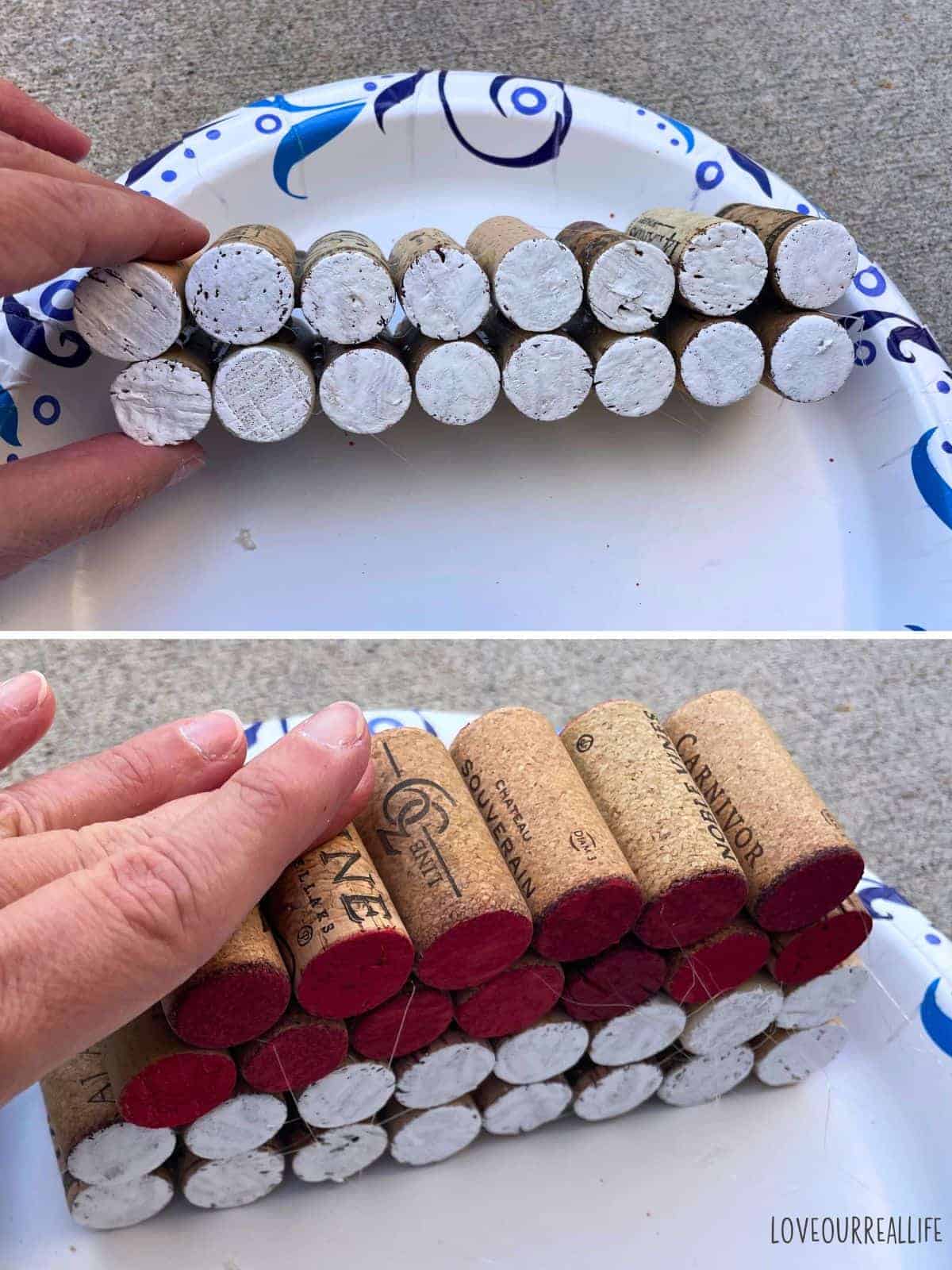 Hot glue and painted (red and white) corks used to make santa hat.