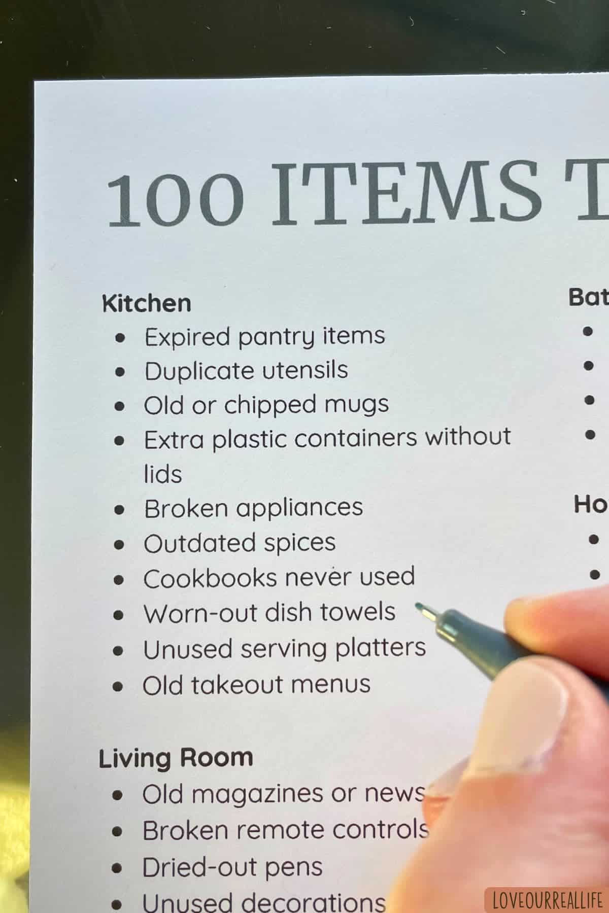 List of items in kitchen to declutter.
