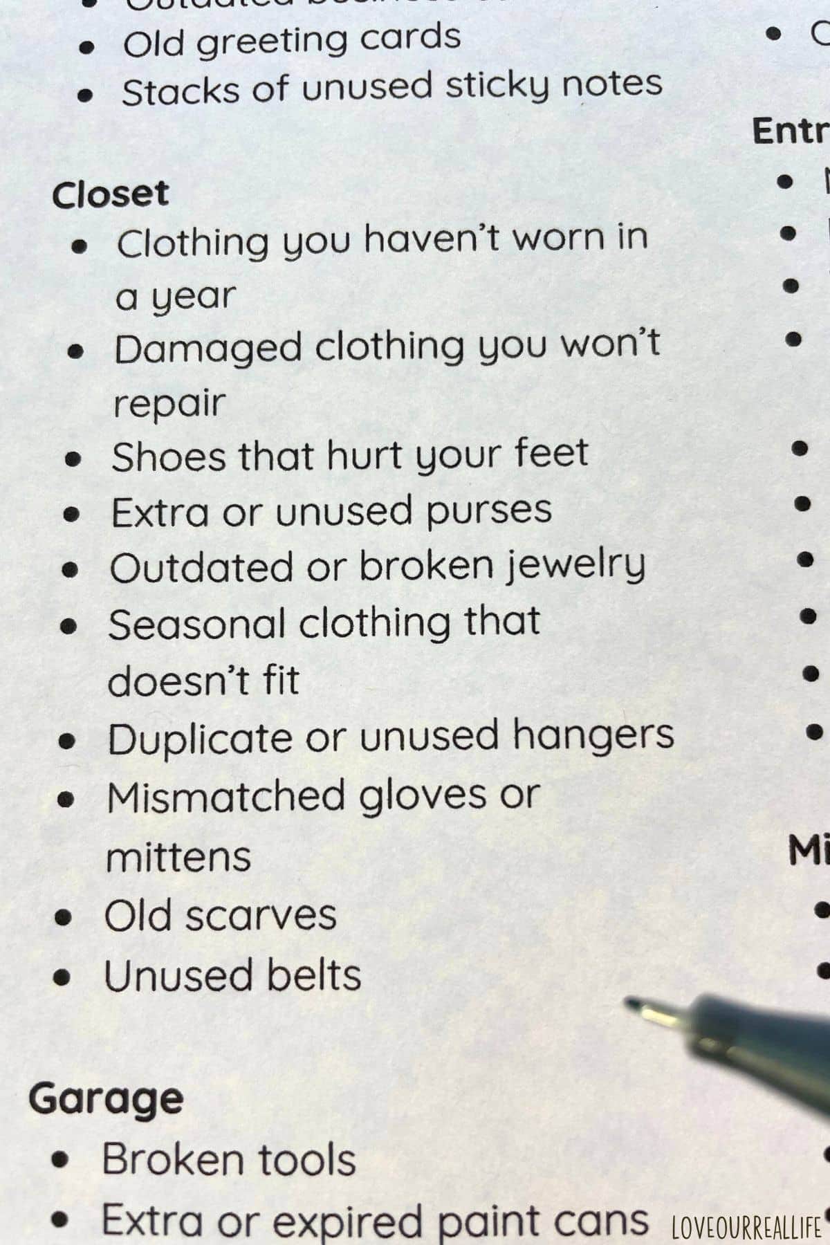 Closet items to declutter.