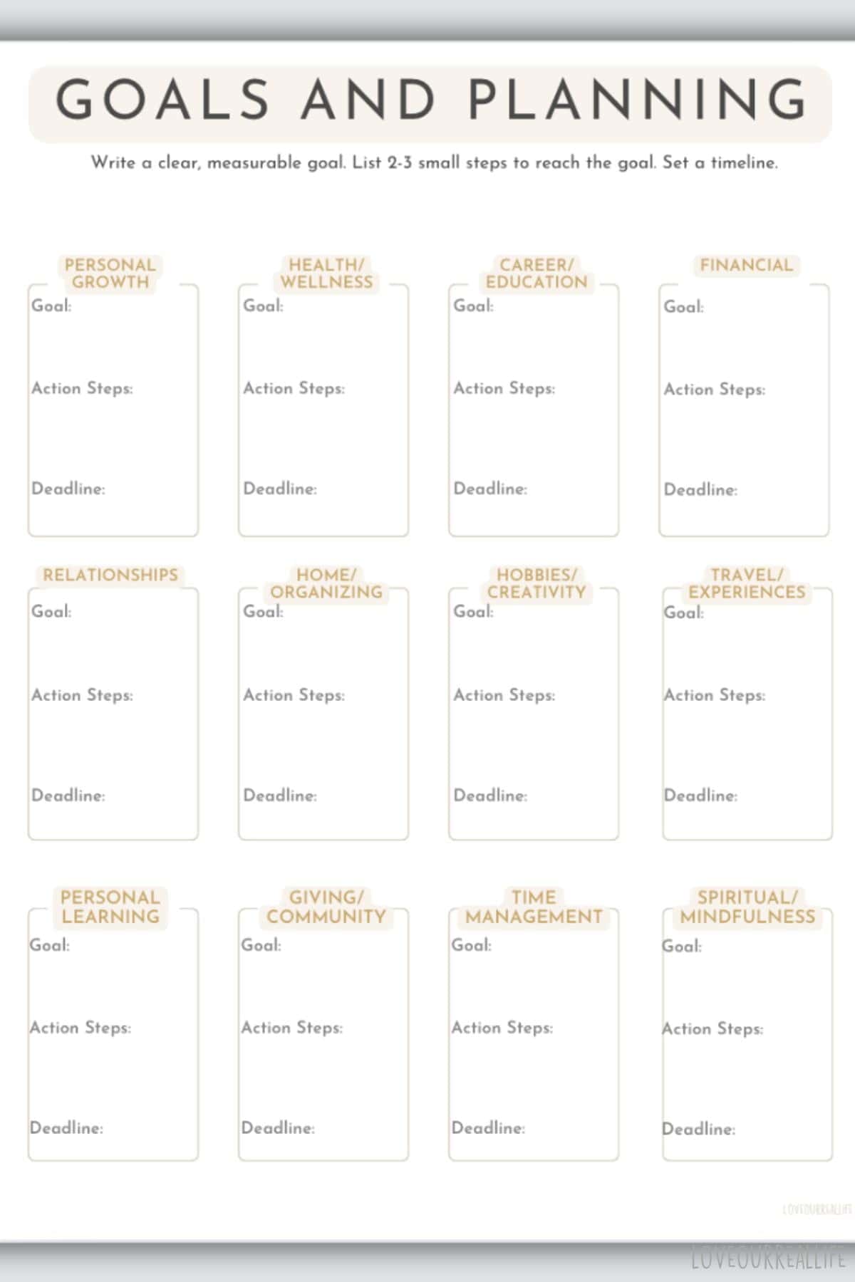 Worksheet for filling out goals in various categories.