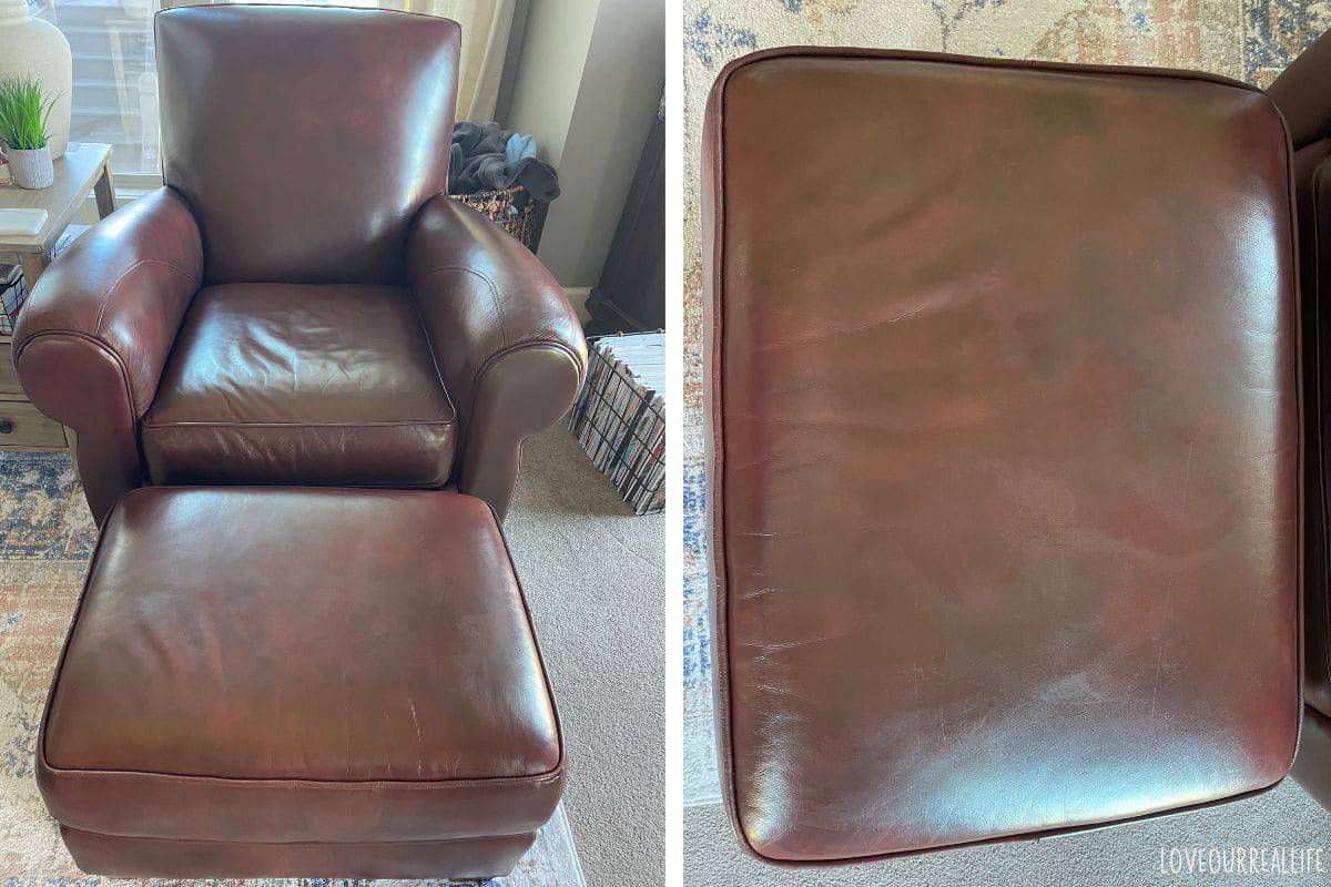 Staining worn leather chair and ottoman.