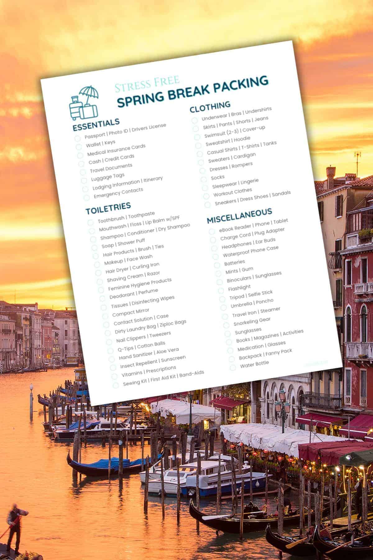 Spring break packing list pdf over water picture.